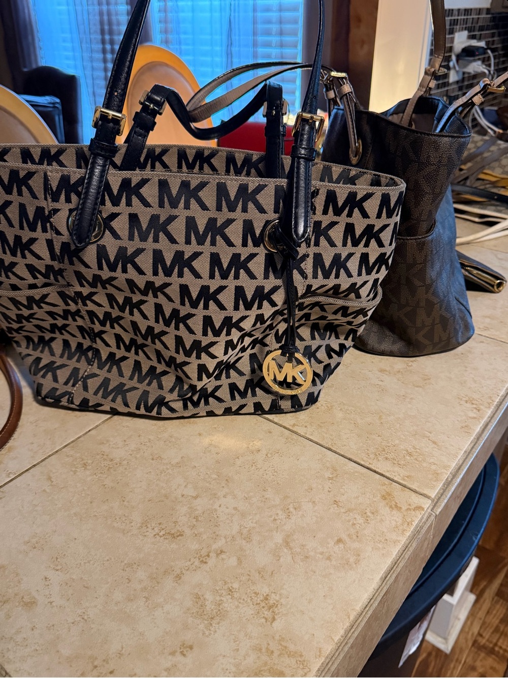 Michael Kors Beige & Black MK Logo Tote with Gold MK Charm